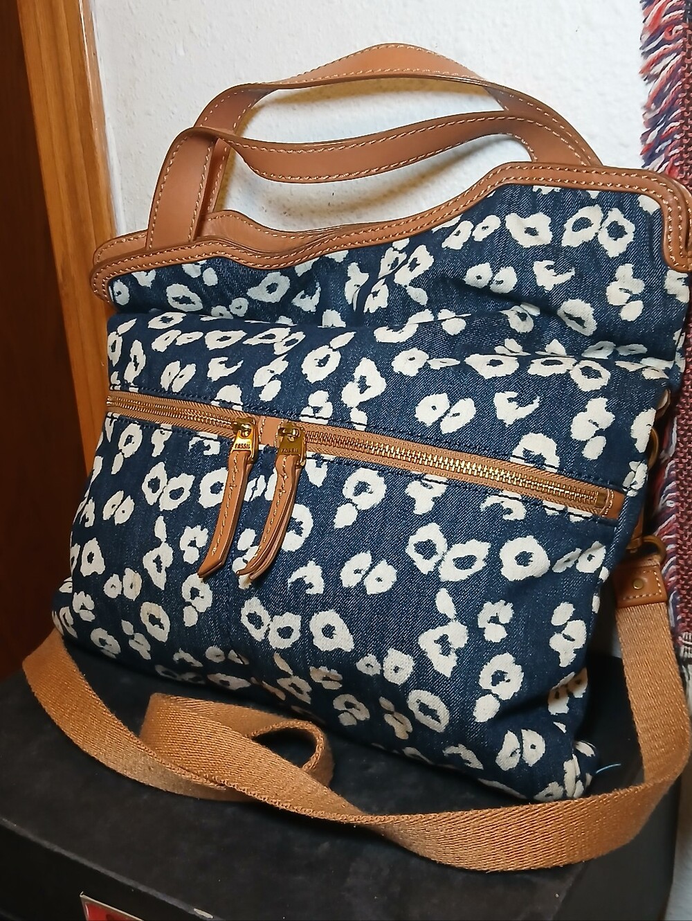 Fossil Blue Denim Floral Print Convertible Tote Crossbody Shoulder Bag